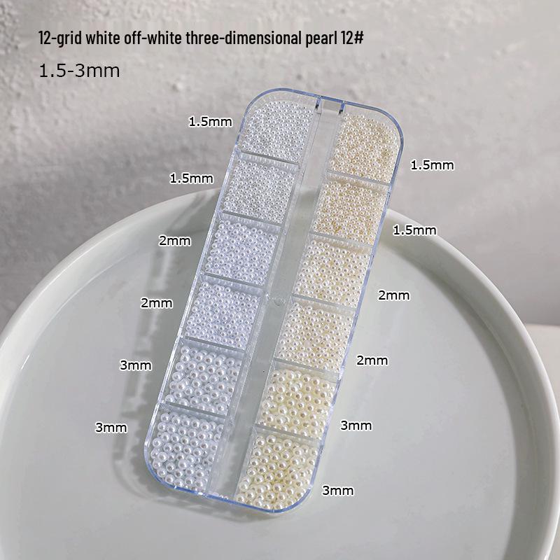 12-Grid Nail Art Pearls: Off-White Mixed Sizes, No Holes, Semi-Circular Boxed Decorations