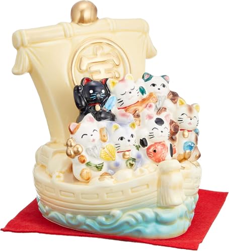 Ale-net Lucky Charm, Maneki-neko (Lucky Cat), Seven Lucky Cats, Treasure Ship, Cream, W14 X D14 X H16.5cm, Ceramic, Seto Ware