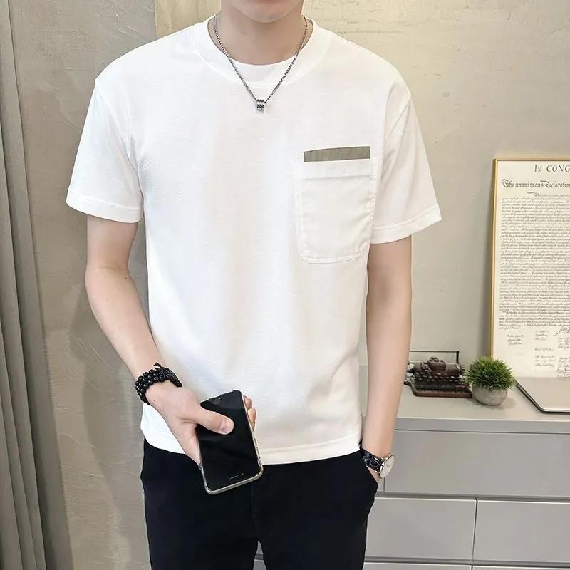 Men's Brown Crew Neck T-Shirt with Patch Pocket Casual Slim Fit Short Sleeve Top