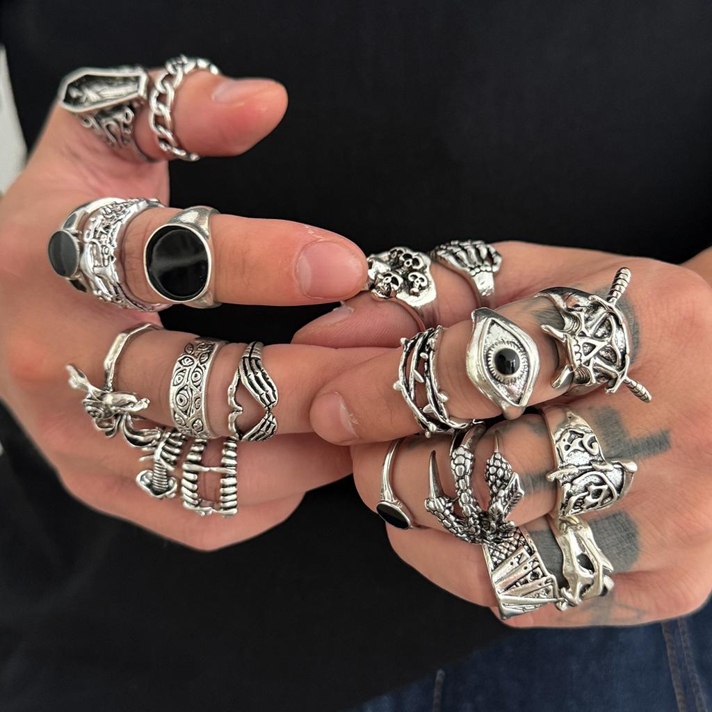 Ingemark Halloween Goth Skull Spider Snake Rings Set for Men Vintage Silver Color Big Size Rings Unisex Festival Party Jewelry