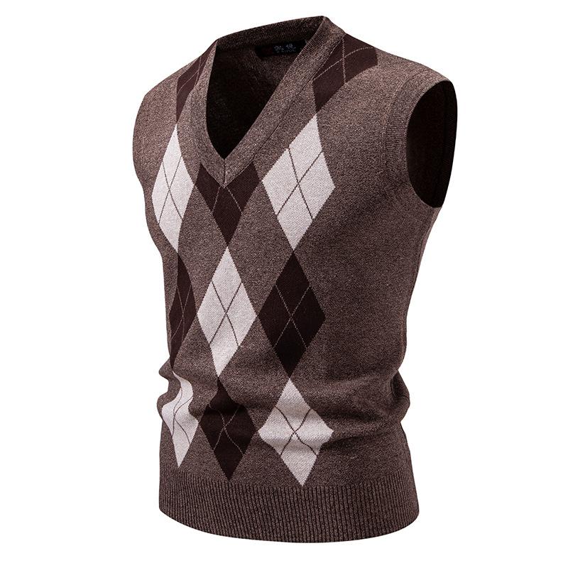 Herren Argyle Westen Mode V-Ausschnitt Ärmelloser Pullover Weste Luxus Kontrast Herren Strickweste