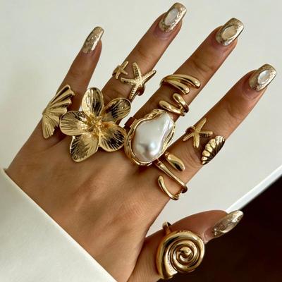 Europäischer & Amerikanischer Bestseller: Ozean Resort Muschel Schnecke & Blume Offener Ring Set - Modischer Ins Stil