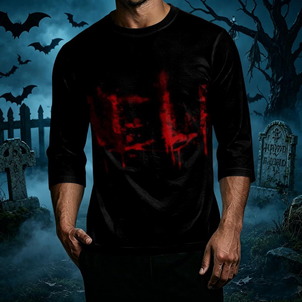 Men's Casual Halloween Print Crew Neck T Shirt Three Quarter Sleeve Top Comfortable Fit Lightweight Fabric Suitable for Everyday Wear