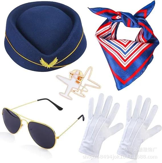 Dames stewardess Cosplay Kostuum Set Vliegtuig stewardess Hoed Met Sjaal Handschoenen Bril Accessoires Voor Feestartikelen One Size&Other blue