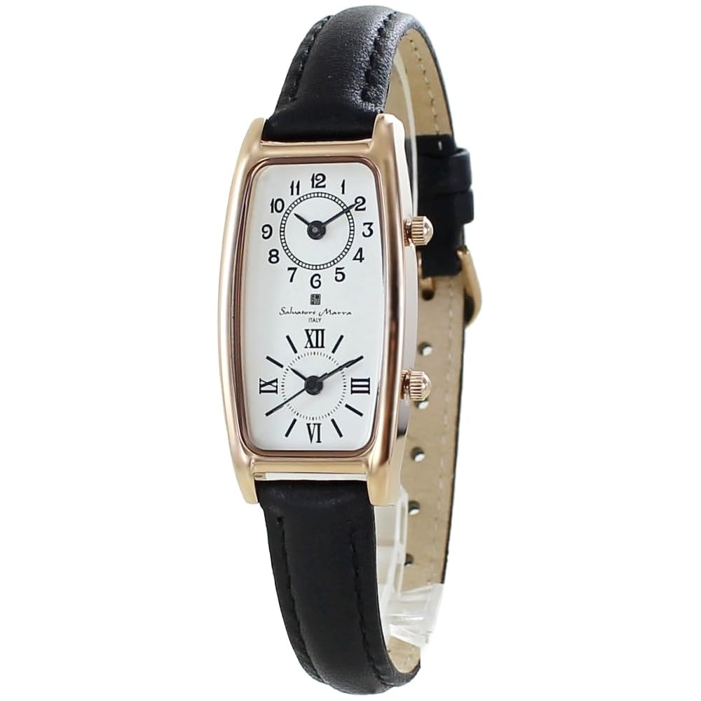 Salvatore Mara Women s Dual Time Watch Black Rectangle Leather Strap