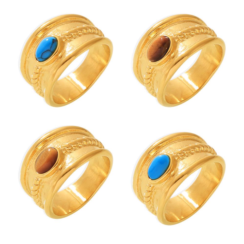 Mili Blue Turquoise Tiger Eye Stone Twist Pattern Stainless Steel Ring for Women, PVD Gold-Plated, Pinky Ring, In Stock