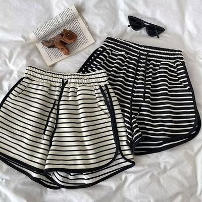 Gestreifte High-Waist-Sweathose für Damen Shorts Locker Weitbeinig Im Sommer Lässig Slim und Elastischer Bund Kontrast
