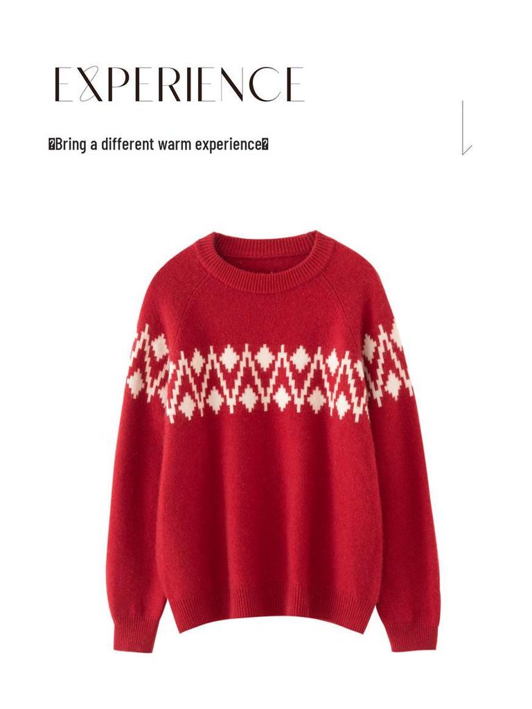 Women's Cashmere Round Neck Jacquard Sweater - Thick, Stylish, and Soft for Autumn/Winter