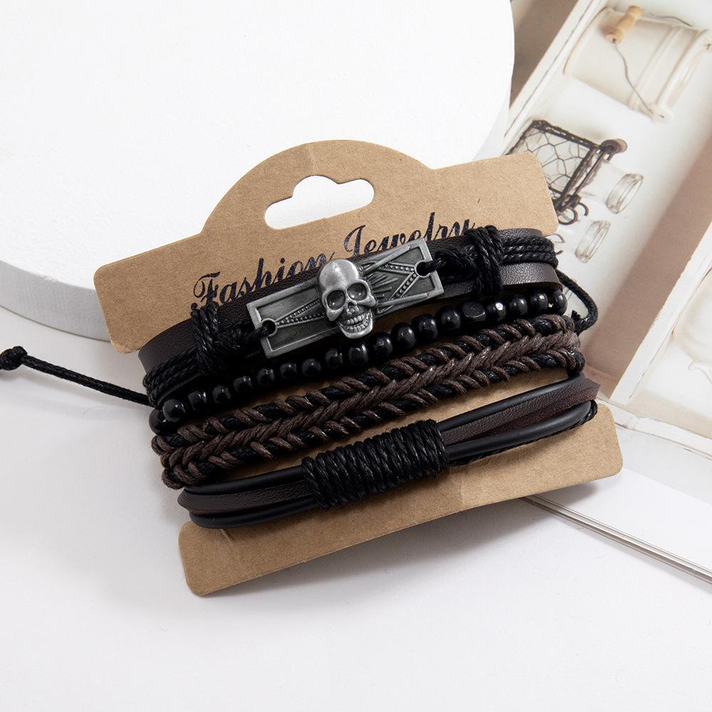 4pcs Casual Vintage Leather Adjustable Bracelet Set, Suitable For Men's Daily Wear, Birthday, Party, Date, Gift