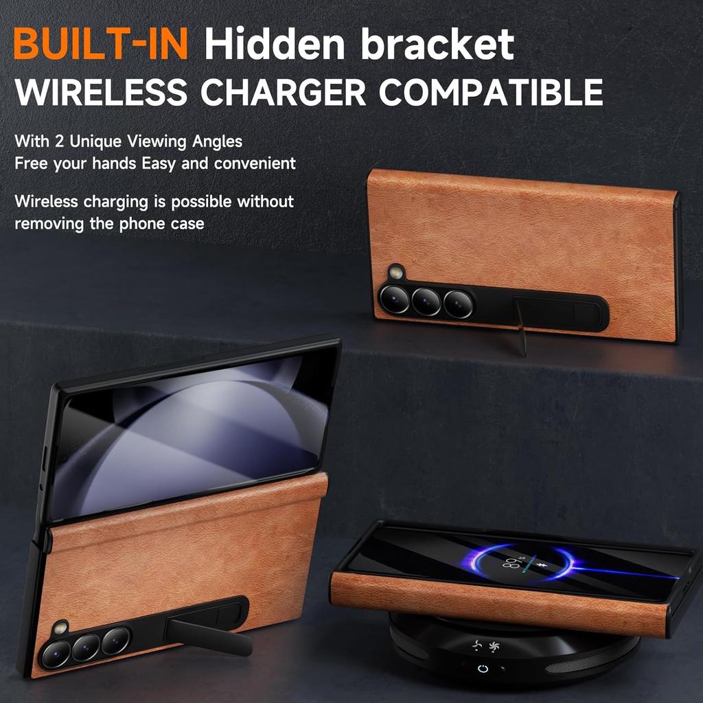 Genuine Leather for Samsung Galaxy Z Fold 6,Full Grain Leather + Hard PC Shell Ultra with Front Built-in Screen Protector,Magnetic Hinge Protection,