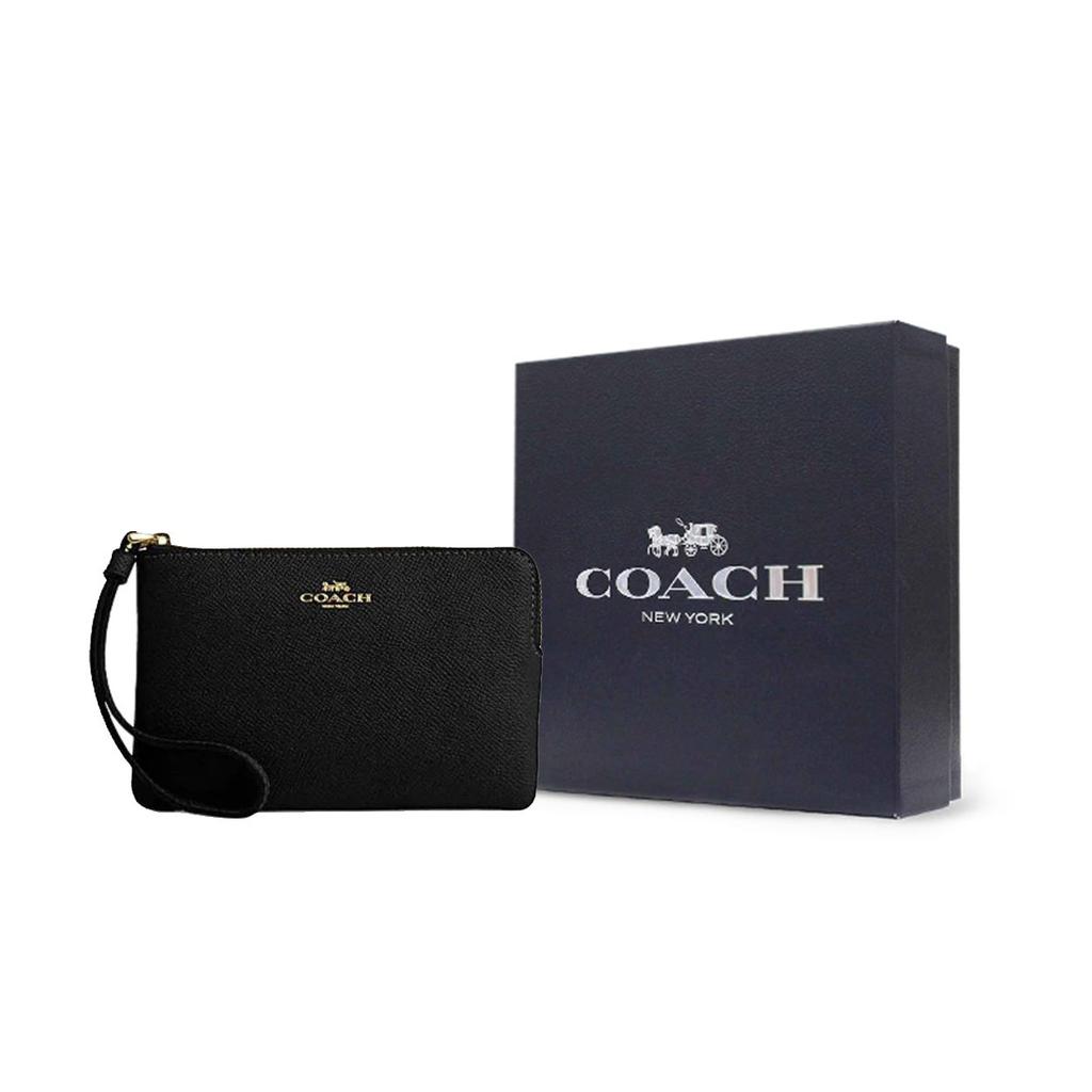 Coach Corner Zip 16 Metal Logo Zip Closure Faux Leather Wristlet Women Wristlet Black CV396-IMBLK