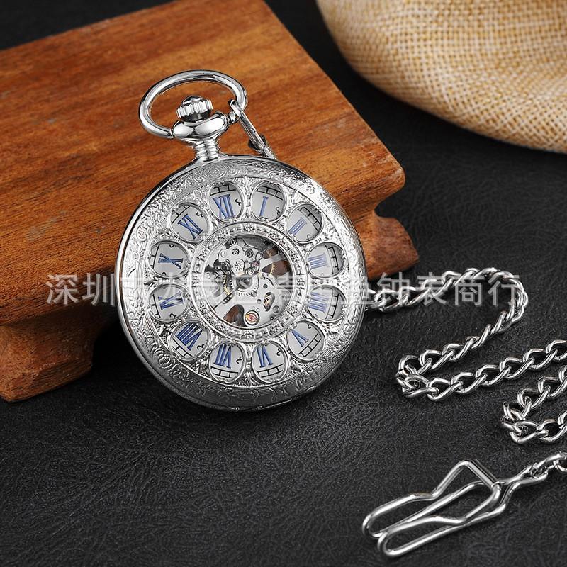 Vintage Style Mechanical Pocket Watch With Roman Numeral Dial Skeleton Back Men Women Gift