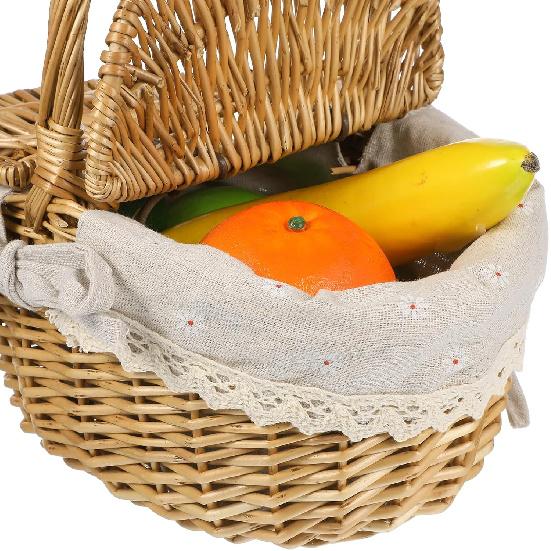 Oval Wicker Picnic Basket 1pc Fruit Vegetable Storage Basket Wicker Weaving Camping Picnic with Double Lid Linen Cotton Cloth Lining for Storage and