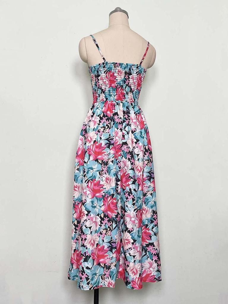 2023 Summer Bestseller: Women's V-neck Spaghetti Strap Print Dress - European & American Style, Waist-Cinching Design