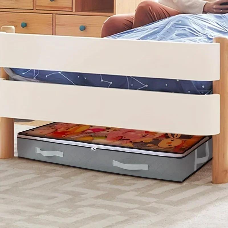 Dustproof under-bed storage box with reinforced handles suitable for quilts blankets pillows and toys bedroom accessories