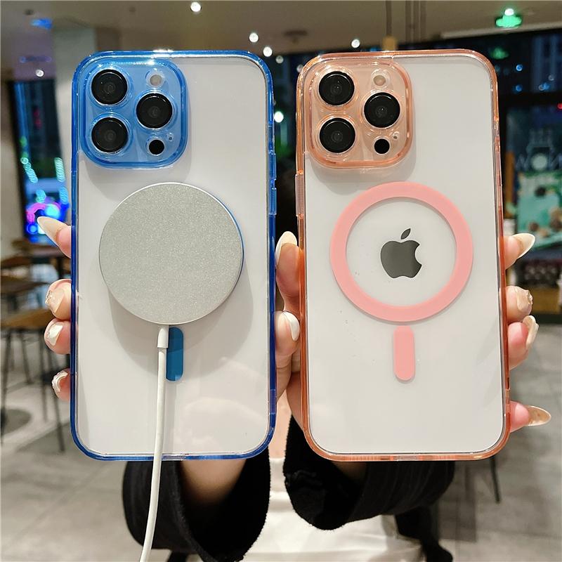 Luksusowy Kolorowy Bumper Przezroczyste Magnetyczne Etui Magsafe na Telefon Dla iPhone 11 12 13 14 15 Pro Max Osłona Ochronna Obiektywu na 14 Plus