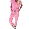 2026 Summer Women's Casual Solid Color V-Neck Short Sleeve Two-Piece Set with Pockets
