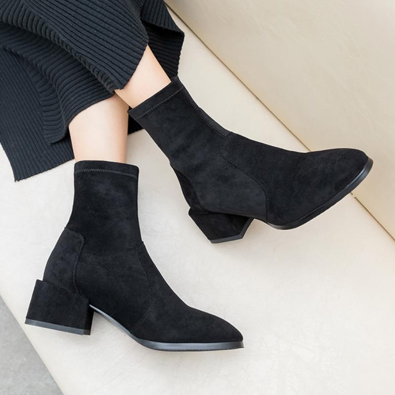Elegant Ankle Boots for Women 2024 Autumn Winter Flock Black Khaki Short Boot Low Heels Party Shoes Ladies Brand Big Size 45