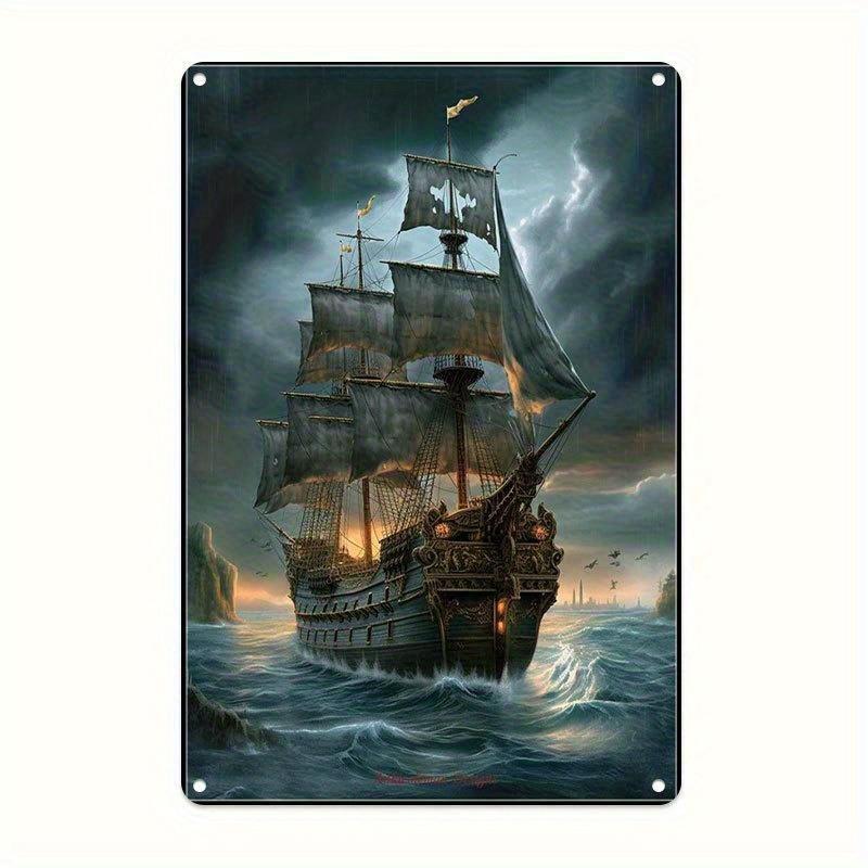 Vintage Ghost Pirate Ship Metal Tin Sign Retro Stormy Ocean Sailing Ship Wall Art Decor