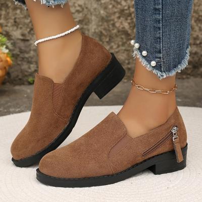 Mocassins confortables à enfiler pour femmes - Semelle souple, Tissu respirant, Ballerines marron toutes saisons avec détail fermeture éclair latérale et semelle en caoutchouc