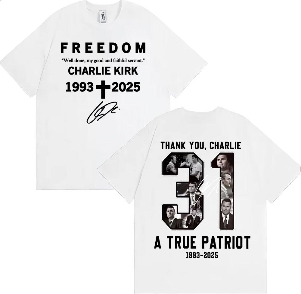 Thank You Charlie Kirk T Shirt A True Patriot Freedom Double Sided Print Tee Shirt Men Women Casual Cotton Short Sleeve Tshirts