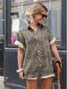 Women's Holiday Print Lapel Shirt and Shorts Jumpsuit