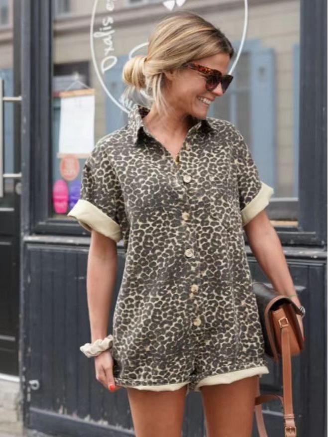 Women's Holiday Print Lapel Shirt and Shorts Jumpsuit