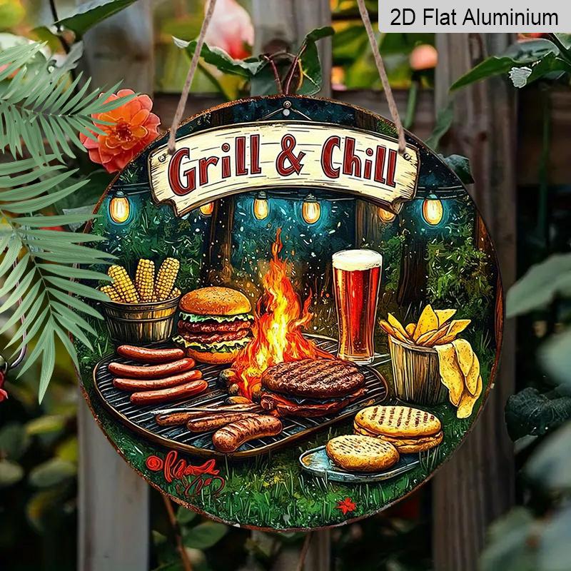 2D Flat, 1pc Vintage Grill & Chill BBQ Metal Aluminum Wall Sign - Round Art for Indoor/Outdoor Decor, Perfect for Rustic Home, Cafe, Bar, Garage