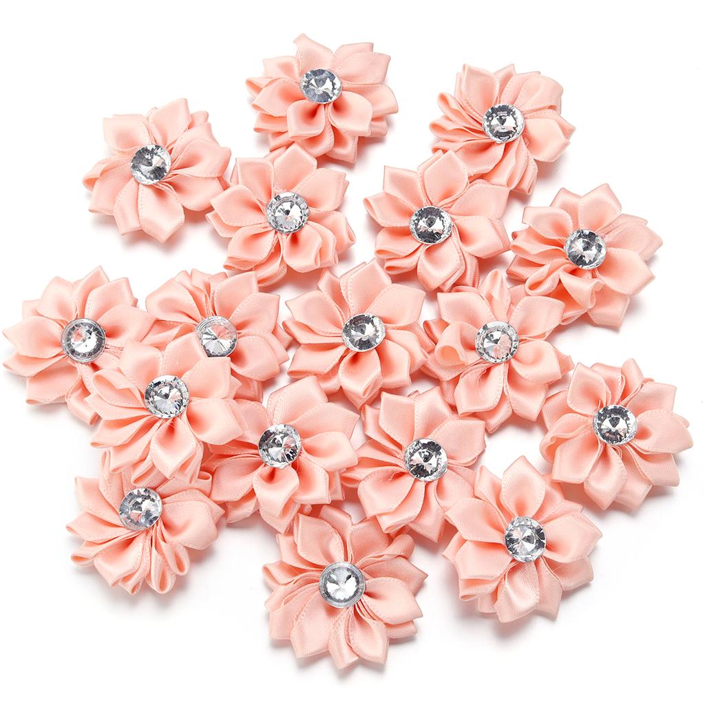 20pcs 4cm Mini Satin Ribbon Flowers Colorful Rhinestone Handmade Flowers For DIY Clothing Sewing Headwear Decoration Accessories