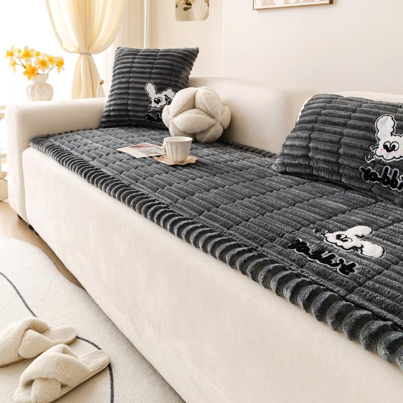 New Thickened Warm Sofa Cover Cloth Fixed Anti Slip Straight Row Sofa Cushion Cover For Autumn And Winter Season Cream Style