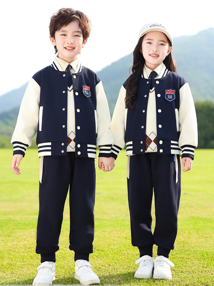 Conjunto de Uniforme Esportivo Infantil Azul Marinho: Conjunto de Três Peças Outono/Inverno para Jardim de Infância e Ensino Fundamental