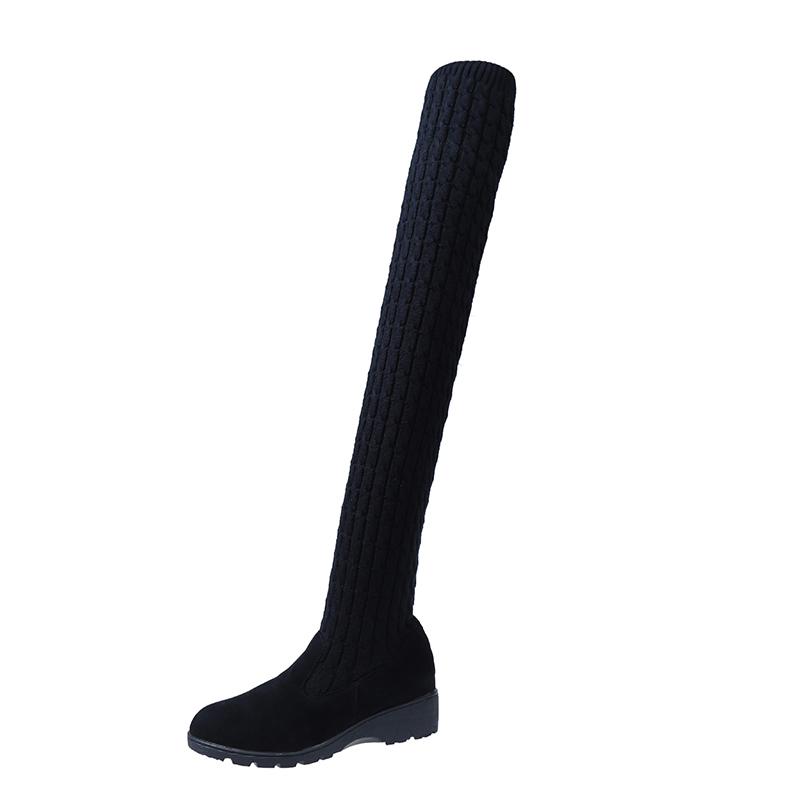 Mode Dames Flats Hoge Laarzen Casual Over de Knie Gebreide Schoenen Vrouw 2025 Trend Mode Winter Designer Knusse Soklaarzen Mujer Botas