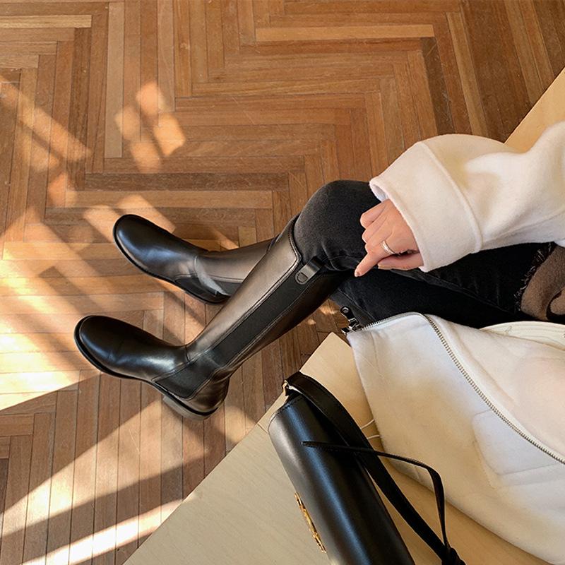 Xiaoxiangfeng svarta stövlar dam höst och vinter nya platta höga riddarstövlar men knähöga stövlar höga stövlar