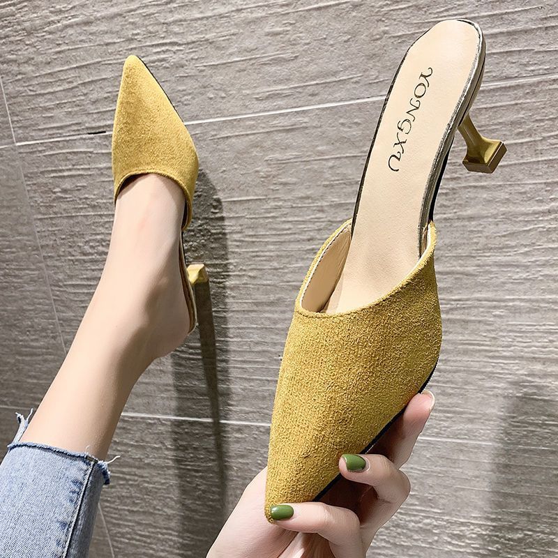 Cool slippers women's 2025 new summer fashion outer wear medium heel thin heel pointed head bag head half drag high heel single shoes ins