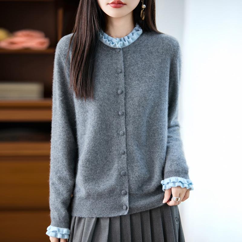 

Women s 100% Wool Knit Cardigan with Frill Trim, Soft and Stylish, New Autumn/Winter Collection M for 90-115 lbs