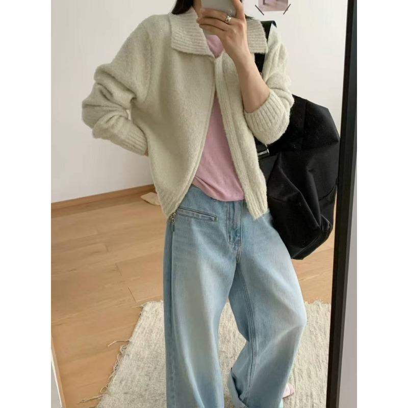 

Autumn and winter new polo collar double zipper casual temperament long sleeve knitted cardigan women s simple versatile cardigan One Size бежевый