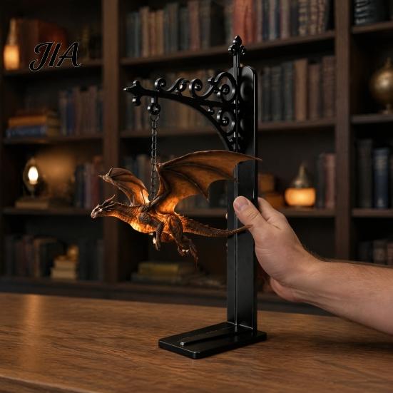 Fantasy-Thema Geschenk Magischer Fliegender Drache Bücherregal Lampe, Warmes Hängendes Nachtlicht, Harzfigur Leseecke Dekor, Einzigartig für Liebhaber Buch