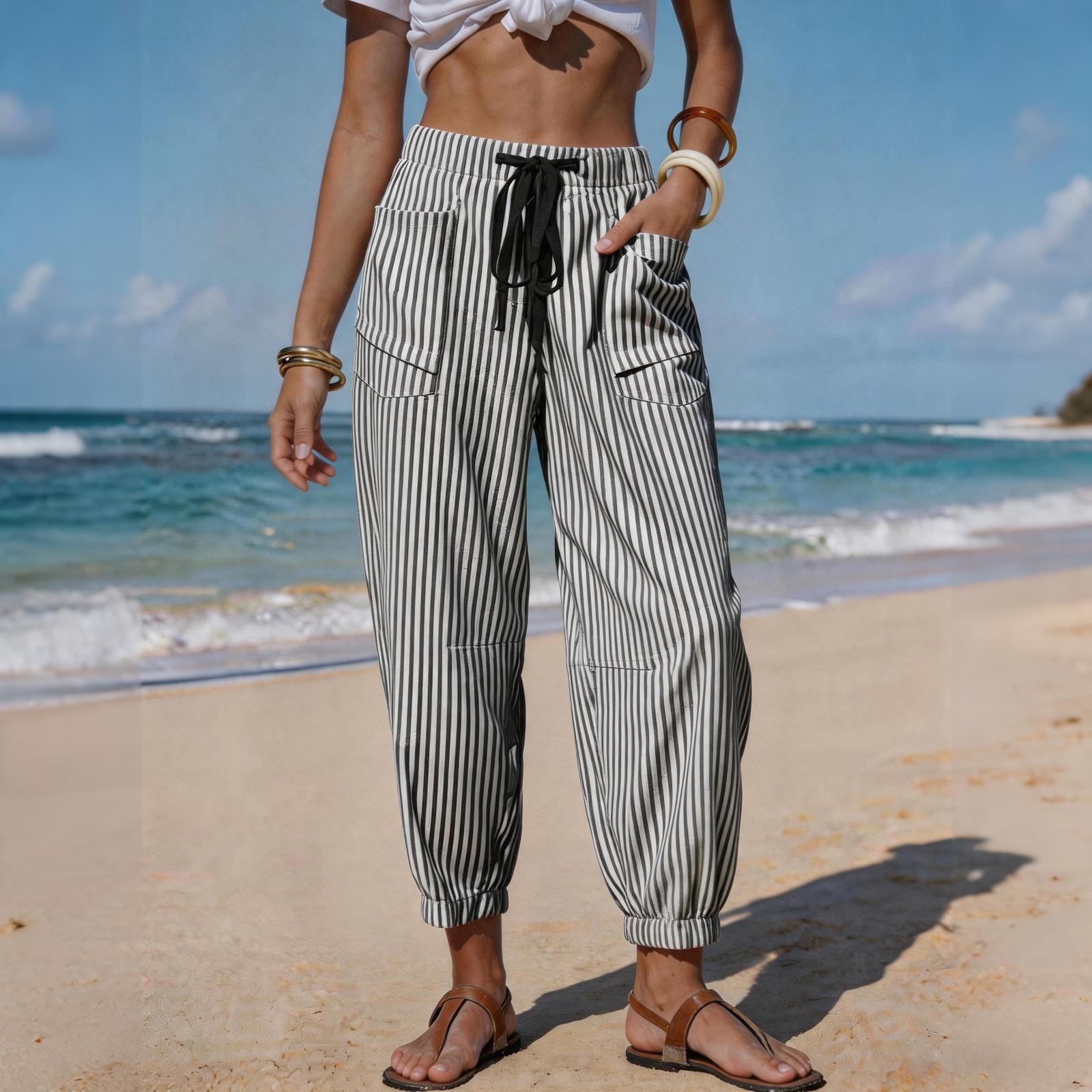 

Women Casual Striped Pants Drawstring Waist with Pockets Lightweight Elastic Cuff Ankle Length Jogger Trousers XXL чорний