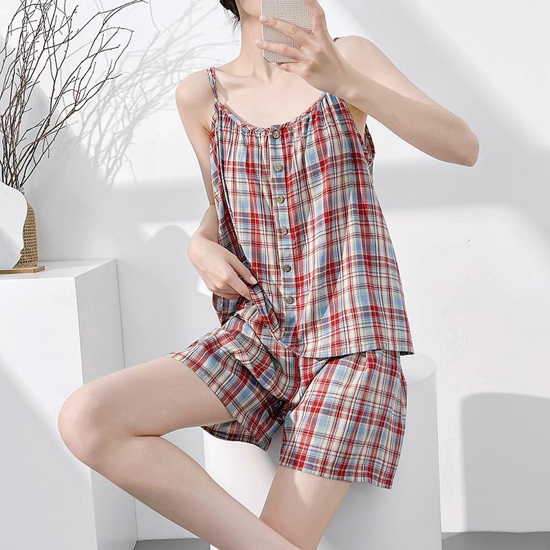 Summer thin floral suspenders pajamas women's French with chest pads can be worn outside sweet sleeveless loungewear cotton silk suit
