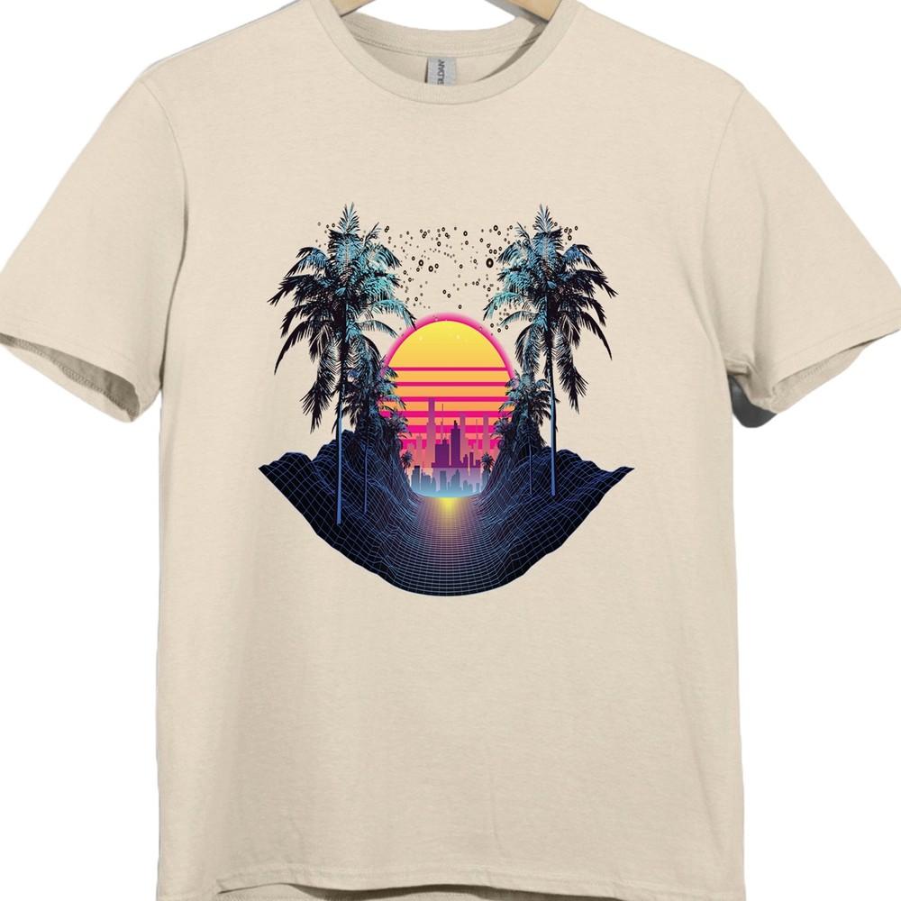 Synthwave T Shirt Retro 80s Neon Sunset City Palm Trees Vaporwave Tee