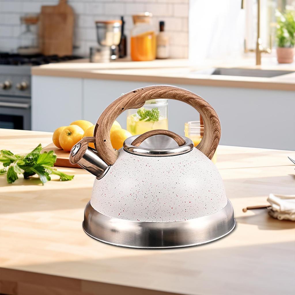 Whistling Kettle Tea Maker Cookware for Stovetop Top with Wood Folding Handle