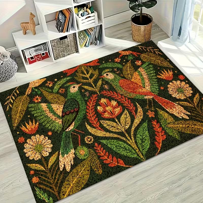 Boho Folk Art Bird Floral Print Rug Soft Non-Slip Carpet Vintage Botanical Bird Mat Indoor Home Decor Carpet for Living Room
