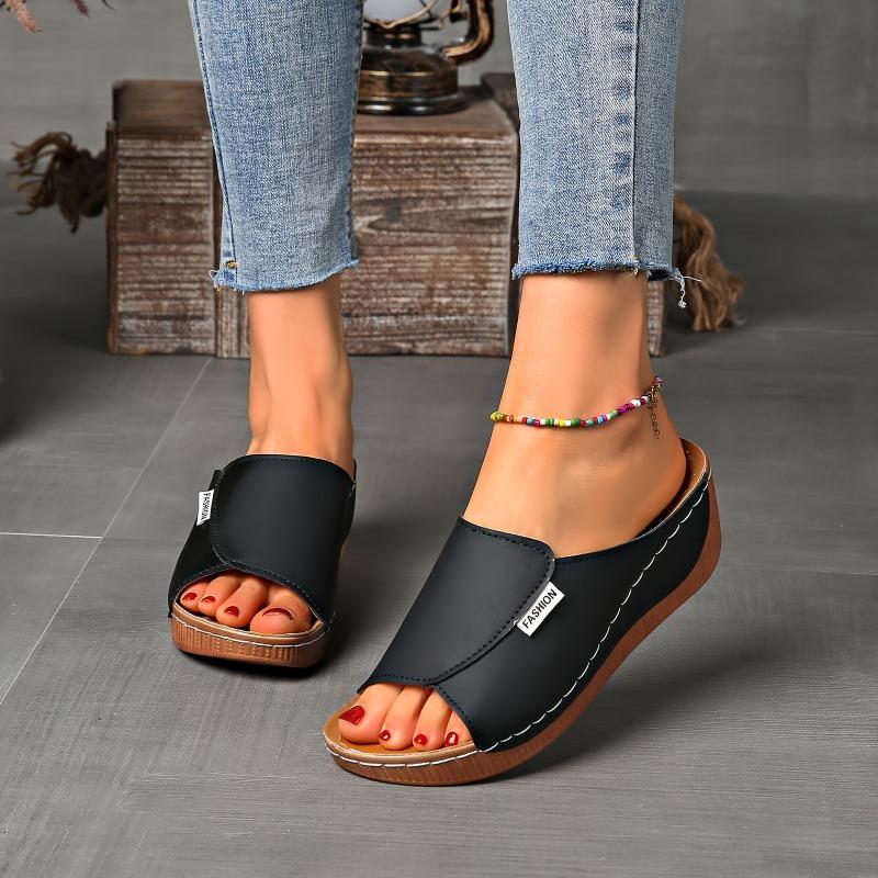 Large-sized Thick-soled Casual Slipper Women's Shoes 2025 New Style Wide Band Simple and Fashionable Fish-mouth Wedge Heel Slipper