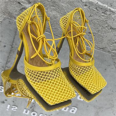 Women Summer Sandals 10cm High Heels Female Square Toe Roman Cross Tie Strap Sandles Yellow Green Mesh Pleaser Party Shoes