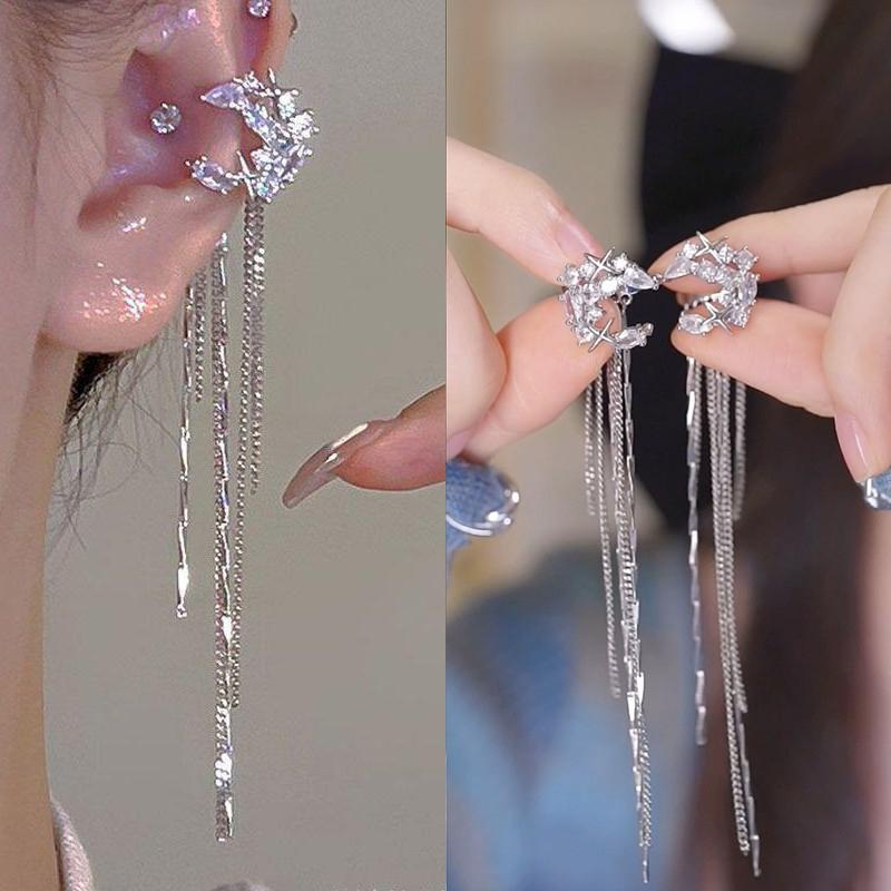 1Pc  Shiny Zircon Moon Star Long Tassel Ear Clip No Piercing Earring Trendy Female Ear Cuff Party Jewelry