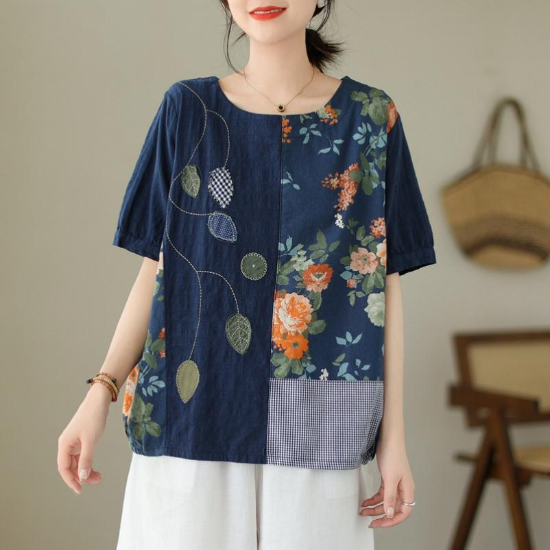 Retro Literary and Artistic Printed Leaf Shirt Stitching Embroidery Short-sleeved T-shirt Loose Casual Large Size Top