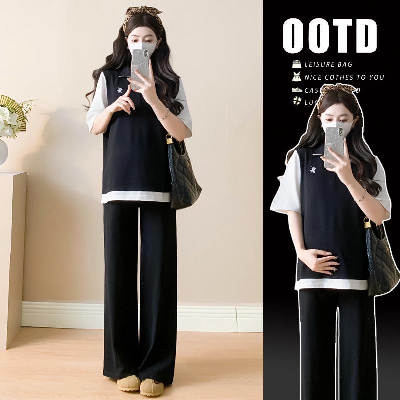 

2026 Summer Maternity Set - Embroidered Top & Casual Wide-Leg Pants Two-Piece Double Extra Large чорний