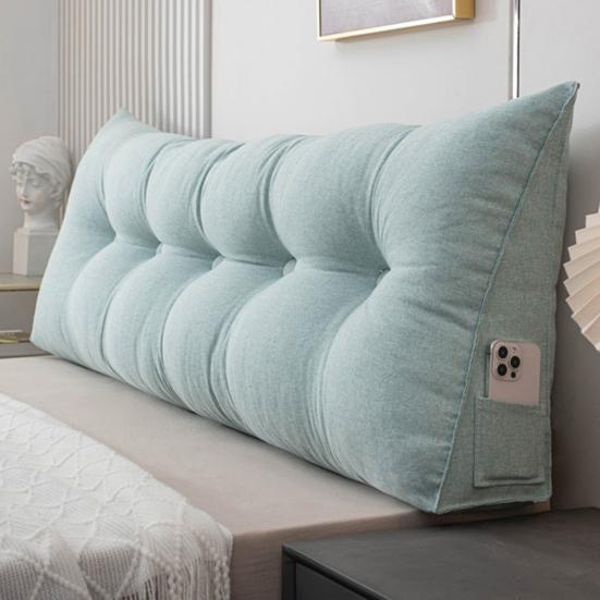 Headboard Pillow with Side Pocket Linen Triangular Headboard Wedge Cushion Bed Bolster Cushion for Shoulder Back Waist Support Dorm Home Bedroom