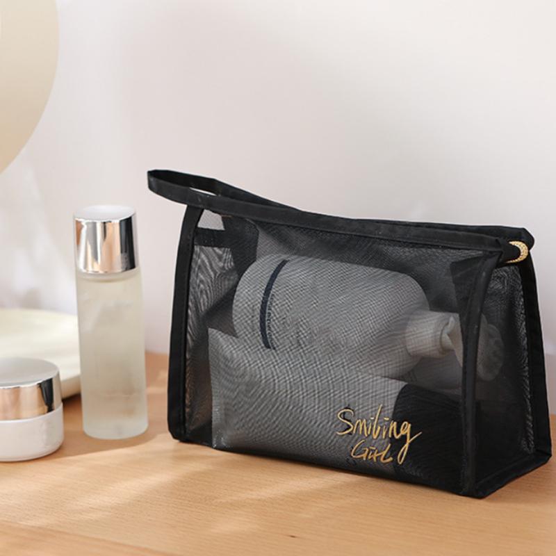 1Pc Black Mesh Cosmetic Bag Small Large Makeup Bags Zipper Pouch For Offices Travel Storage Bags Toiletry Bags Makeup Pouch