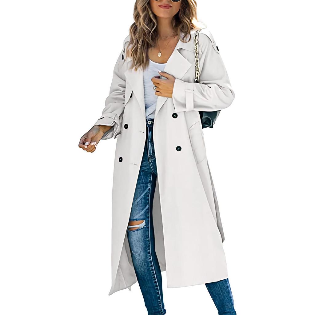 Women Vintage Long Trench Coat Classic Double-Breasted Lapel Long Sleeve Windproof Overcoat with Belt Elegant Jackets Streetwear